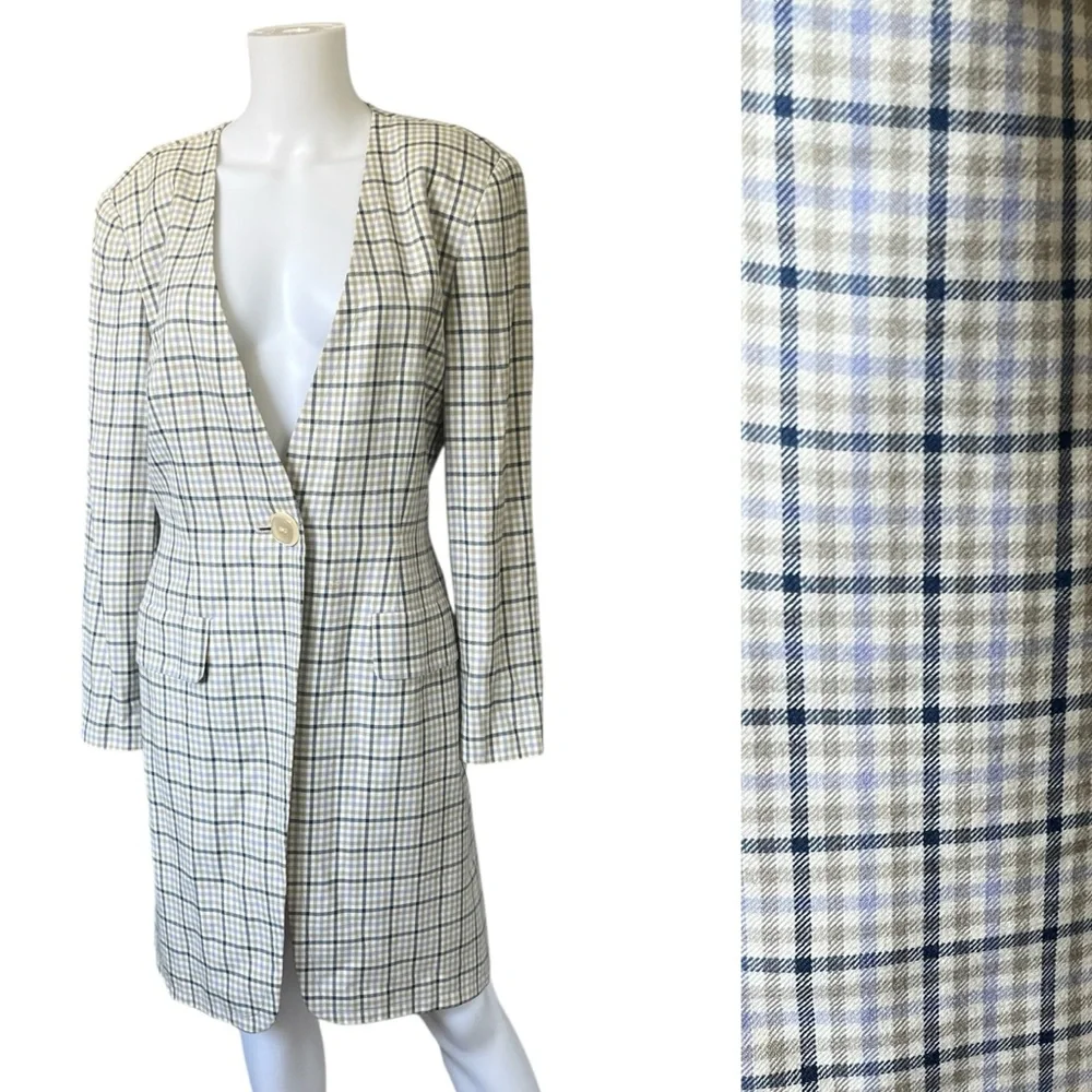 Vintage Alvin Bell Long Blazer Jacket Plaid Collarless Womens Size 10